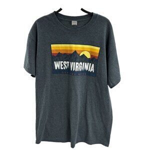 Gildan Unisex Graphic T Shirt West Virginia Mountain Sunset Print Size L Gray